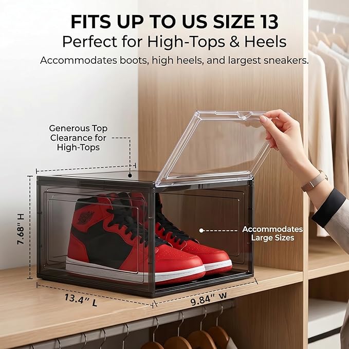 Large Black Shoe Storage Boxes Stackable, 12 Pack Hard Plastic Shoe Storage Organizer with Magnetic Door, Shoe Container Sneaker Storage Display Case Fit up to US Size 13 Black