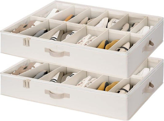 StorageWorks Underbed Shoe Storage Organizer for Closet, 2-Pack Fabric Under Bed Shoe Organizer with Adjustable Dividers, Fits up to 24 Pairs, Beige(Cottlyn Fabric)