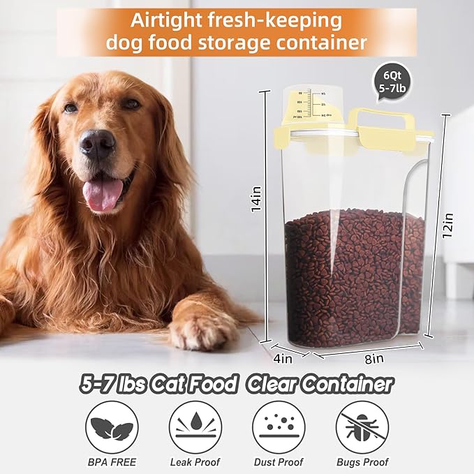 LEAWALK 5Lbs Airtight Cat Dog Food Storage Container with Upgraded Large Nozzle BPA-Free, Pet Food Storage Containers for Rice, Grain, Pet Food, Flour, Dog Treat Storage (Light Yellow, 5L-1pack)
