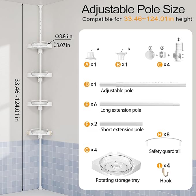 Shuang qing 360° Rotating Corner Shower Caddy Tension Pole Organizer, White