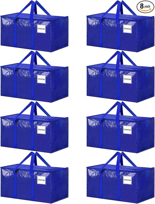8 Pack Extra Large Heavy Duty Moving Bags, Blue Storage Bins with Lids