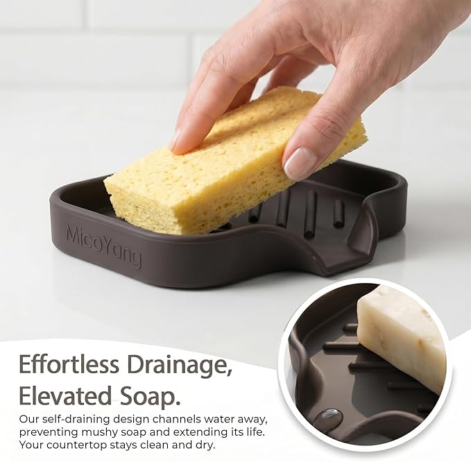 MicoYang Silicone Soap Dish with Drain Spout — Self-Draining Sink Organizer Tray for Bathroom & Kitchen, Holds Bar Soap, Sponges & Dispensers, Non-Slip & Dishwasher Safe, Coffee (Small, 4.9"×3.2")
