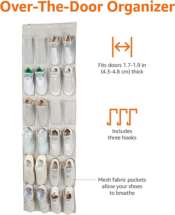 Amazon Basics 24 Medium Mesh Pocket Over-the-Door Hanging Shoe Organizer, Space Saving Shoe Storage, Light Grey | Over-the-Door