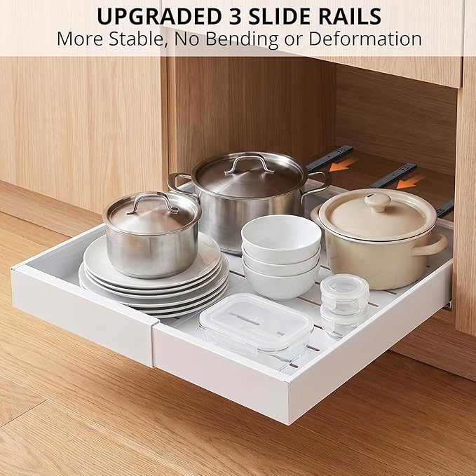 DOMNIU 4 Pack Pull Out Cabinet Organizers Expandable Width (12.4''-20.27''), Upgrade 3 Slide Rails Sliding Drawer for Kitchen Cabinet Organizer with Adhesive Nano Film, White