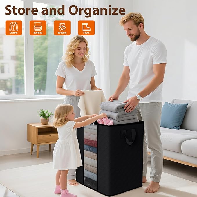 4 Pack 100L Clothes Storage, Foldable Thick Fabric Blanket Storage Bags, Black