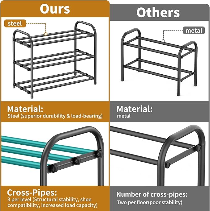 Hleelomi 3-Tier Expandable Shoe Rack,Adjustable Shoe Shelf Storage Organizer Heavy Duty Metal Free Standing Shoe Rack for Entryway, Closet,Living Room,Dorm,Black