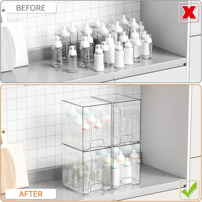 Yieach 7.5"H Stackable Storage Drawers,4 Pack Clear Acrylic Drawer Organizer for Vanity,Under Sink,Cabinet and Bathroom Closet Organizer,Bottle Station and Baby Bottle Storage Organizer for Countertop