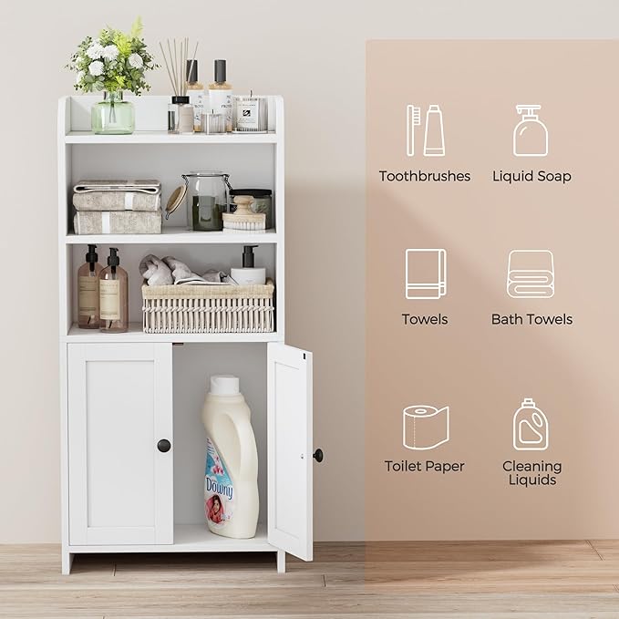 Homhedy Small Bathroom Storage Cabinet, Freestanding Toilet Paper Storage with 2 Doors and Shelves, Bathroom Organizers and Storage for Small Spaces, Laundry Room, 7.9" D x 14.6" W x 31" H, White