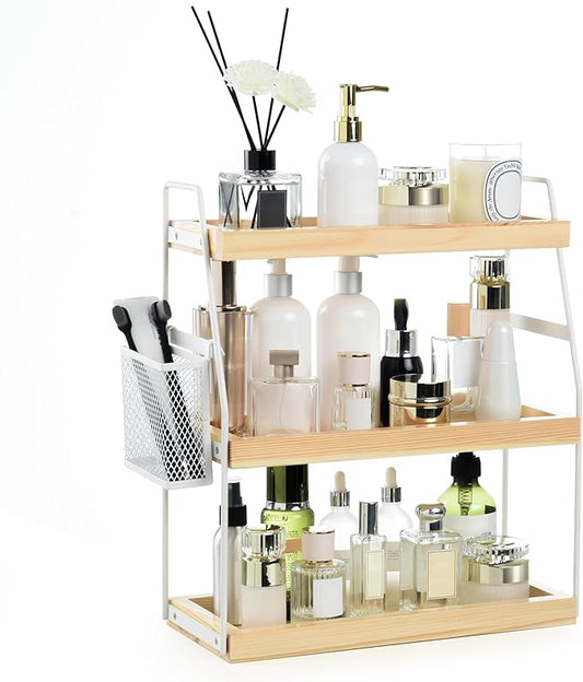 Bathroom Counter Organizer, 3-Tier Standing Storage Shelf with Basket, White