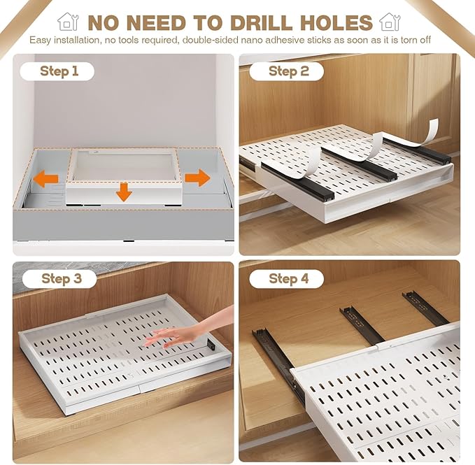 Seinloes Pull Out Cabinet Organizer, 4-Side Expandable to Fit Most Cabinets, 3 Rail Slide Out Drawers with Raising Pad for Framed & Frameless Cabinets, 13"-21" W x 17"-24" D, White, 4 Pack