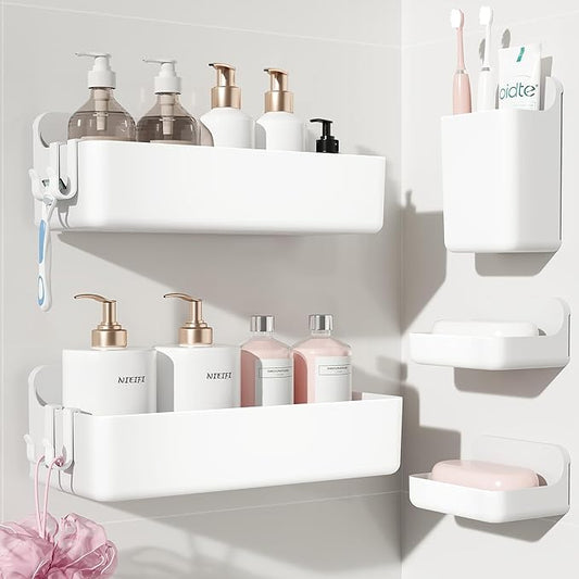 Adhesive Wall Shelf, Shower Shelves 5 Pack with Soap Holder, White