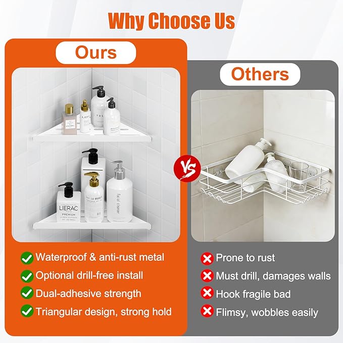 Fikoksol Shower Caddy, 2 Pack Bathroom Corner Shelf, Triangle Shelf Storage for Bathroom Shower, White Metal Shower Shelf & Rustproof Wall Mounted Adheisve Shower Organizer Accessories and Essentials