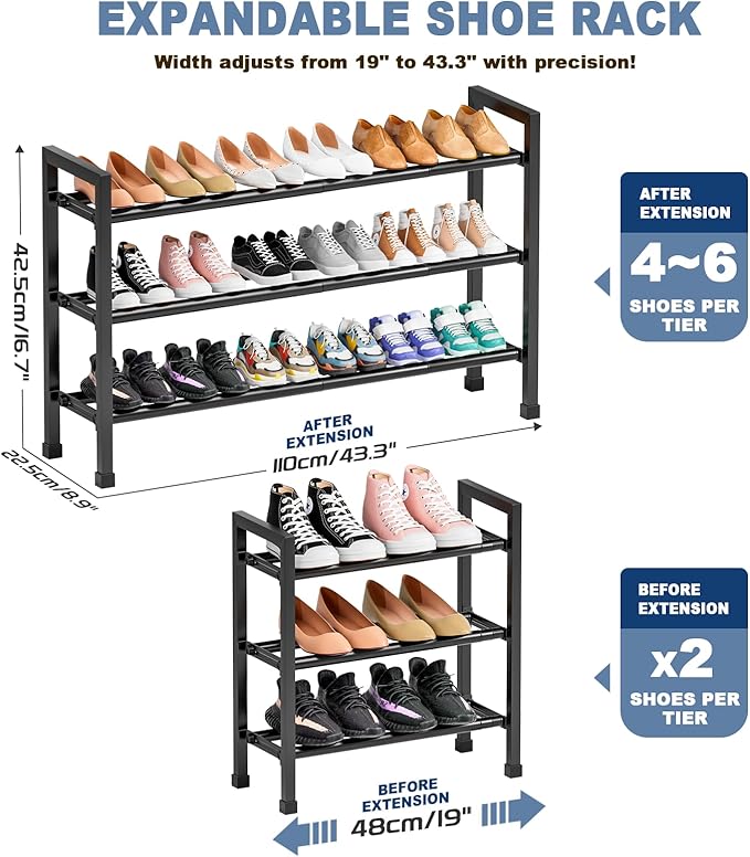 Mavivegue 19“- 43” Adjustable Shoe Rack, 3 Adjustable Length, 3 Tier Expandable Shoe Rack for Closet, Entryway, Shoe Shelf, Black