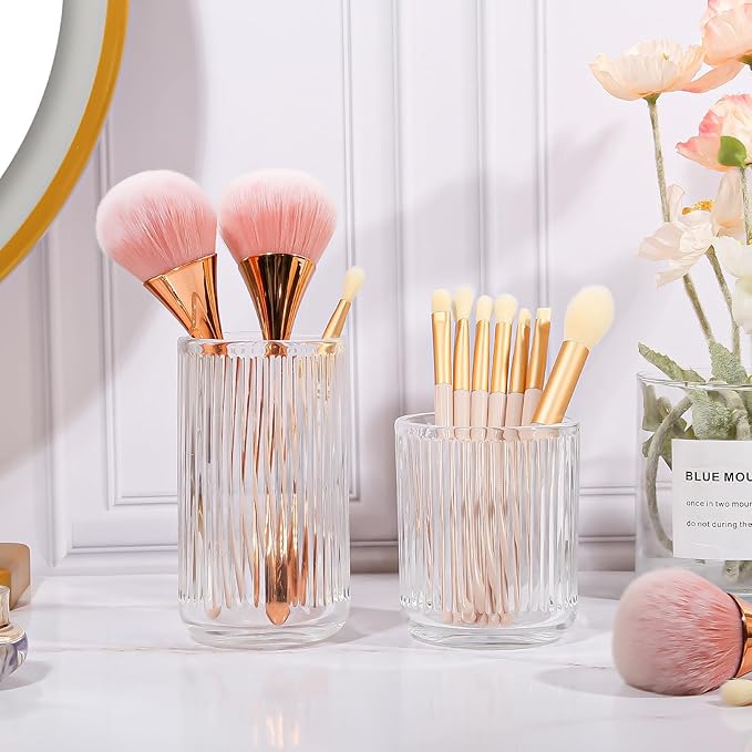 DASITON Makeup Brush Holder Organizer, Crystal Glass Makeup Brushes Storage Holder, Vintage Make Up Brush Cup for Vanity, Pen Pencil Holder for Desk, Toothbrush Holders for Bathroom (Clear L)