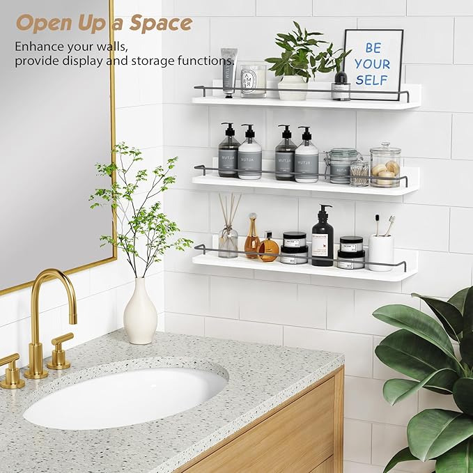 Forbena Floating Shelves for Wall 24 Inches Long, Modern White Wall Shelving Unit for Bedroom, Wood Hanging Shelf for Kitchen Bathroom Living Room Office Organizers and Storage (White and Grey)