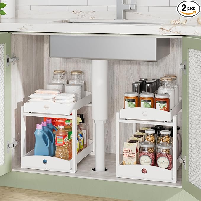 Bamboo Wood Under Sink Organizer 1 Pack, White, 2 Packs