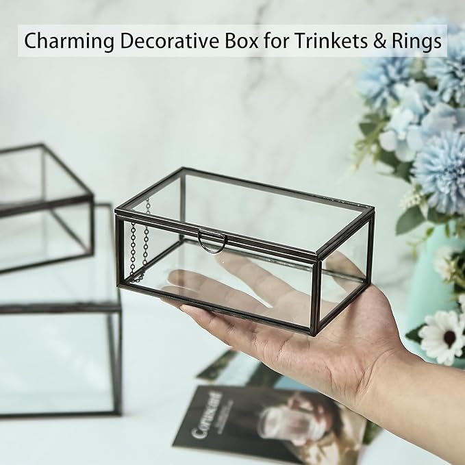 HighFree Vintage Glass Box with Lid - Clear Jewelry Glass Display Box Keepsake Box - Home Decor Decorative Box for Trinket Rings Bracelet (Black, Small)