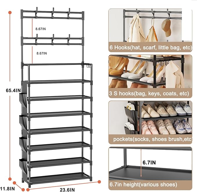 OYREL Shoe Rack 7 Tier Shoe Organizer Storage 21-28 Pairs Closet Shoes Rack for Front Door Entrance Shoe Rack Organizer with Hooks Side Pocket Entryway Large Capacity Shoe Shelf Tower Garage