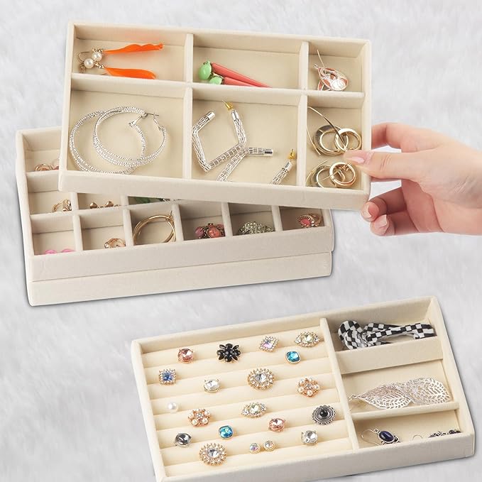Jewelry Organizer Tray, Stackable Velvet Jewelry Trays, Jewelry Organizer for Drawer for Women, Jewelry Drawer Organizer for Rings, Necklaces, Set of 8 (Beige)