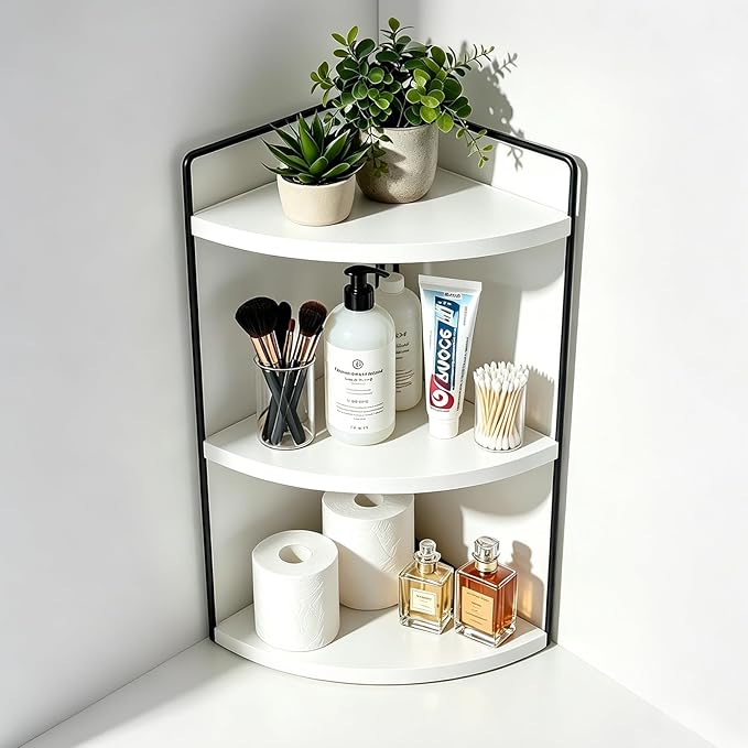 3-Tier Corner Bathroom Countertop Organizer, Solid Pine Wood Vanity Corner Shelf for Skincare & Makeup, Waterproof Standing Rack for Bathroom, Vanity, Kitchen & Dresser, Large 15.7"H, White