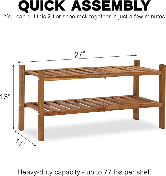 RELAX Natural Acacia Wood 2-Tier Folding Shoe Rack