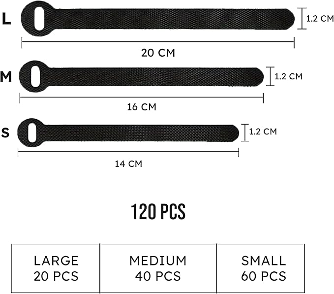 120 PCS 5/6/8 Inch Reusable Cable Ties for Cords – Data Cable Organizer Ties – Cord Wraps for Charging Cords – Electrical Wire Straps, Black