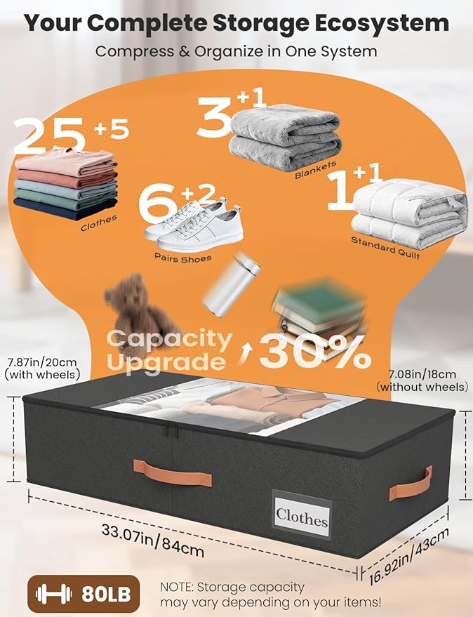 TOSKING 2-Pack Under Bed Storage Drawers with Wheels, 6 Vacuum Bags, 7.9" Height, Large 65L/80 lbs Clear Lid Rolling Bin, 900D Oxford, Space Saver for Dorm Bedroom, Blankets, Clothes, Shoes, Black