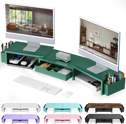 Dual Monitor Stand Riser, Desk Organizer With Drawer and 2 Pen Holders, Green
