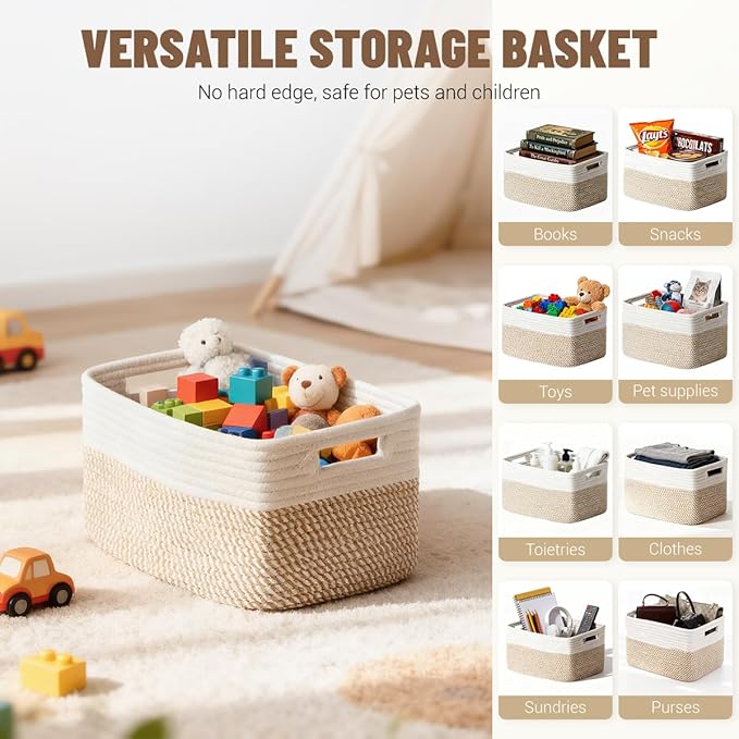 5 Pack Woven Storage Baskets for Shelves, Decorative Basket Organizer Storage Bins for Toys, Books, Clothes, Closet, Nursery, Bathroom – Cotton Rope Shelf Baskets for Organizing, Khaki & White