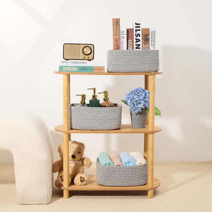 MiniArk Small Storage Baskets for Organizing | Closet Organizer Bins | Shelf Toy Basket | Woven Rope Baskets | Cube Decorative Box | Shallow Basket | 11.5x7.5x4.7” | 4 Packs Mixed Grey
