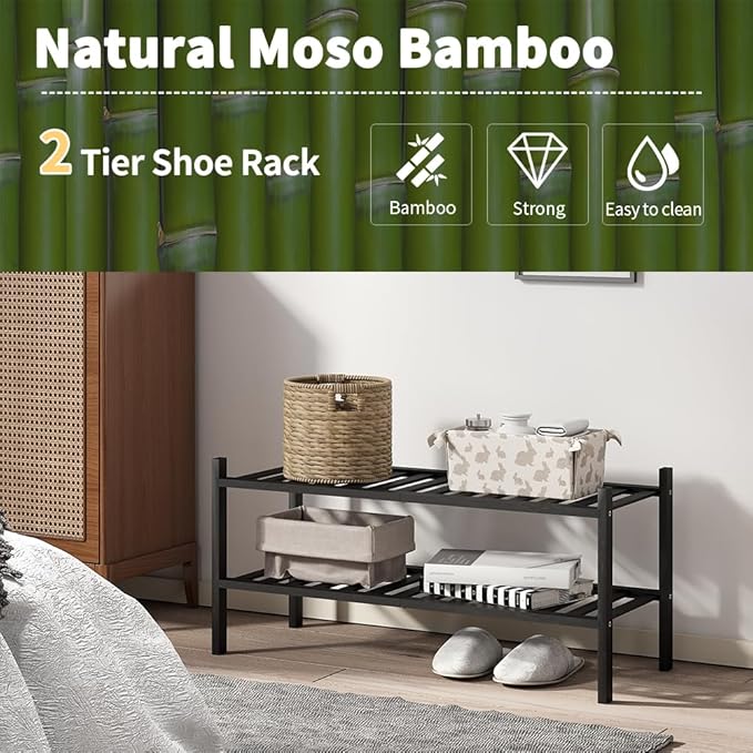 Shoe Rack, 2-Tier Bamboo Stackable Shoe Shelf Storage Organizer