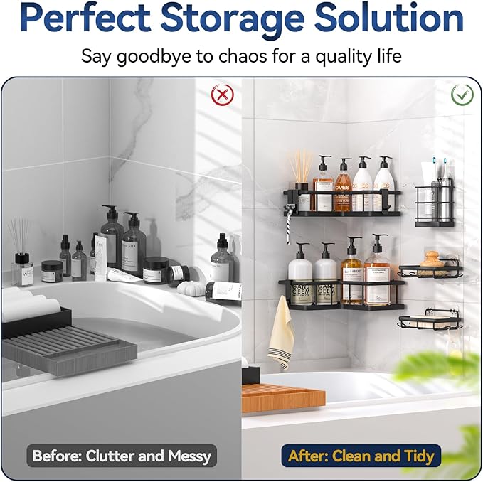 YASONIC Corner Shower Caddy, 5-Pack Adhesive Rustproof Stainless Steel Shower Organizer with Soap Holder, No Drilling Shower Shelf for Inside Shower, Dorm, Renters, Black