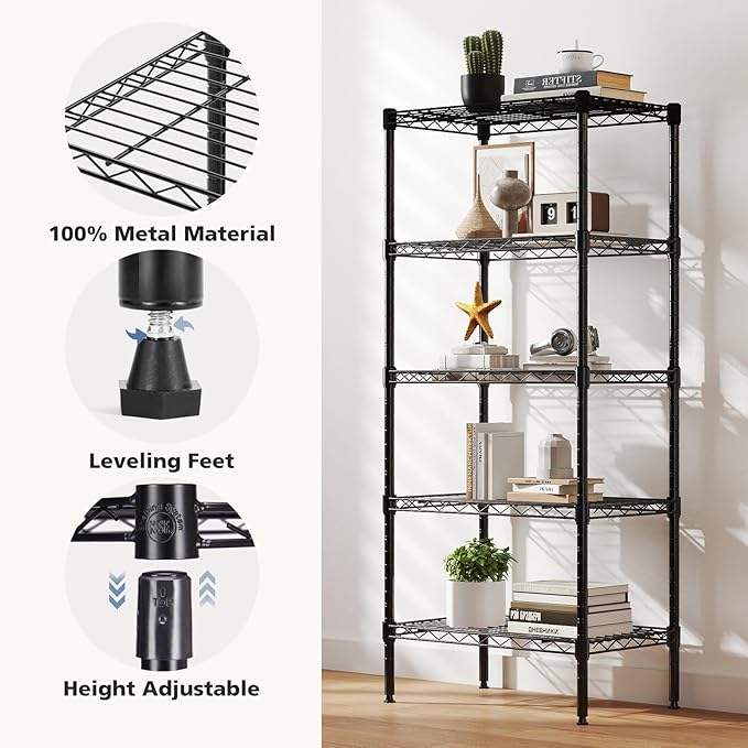 DUMOS 5-Tier Metal Wire Storage Shelves, Adjustable Standing Storage Rack Shelf, Heavy Duty Steel Shelving Unit Organizers for Kitchen Bathroom Pantry Garage, 23.2" W×13.4" D×59.8" H, Black