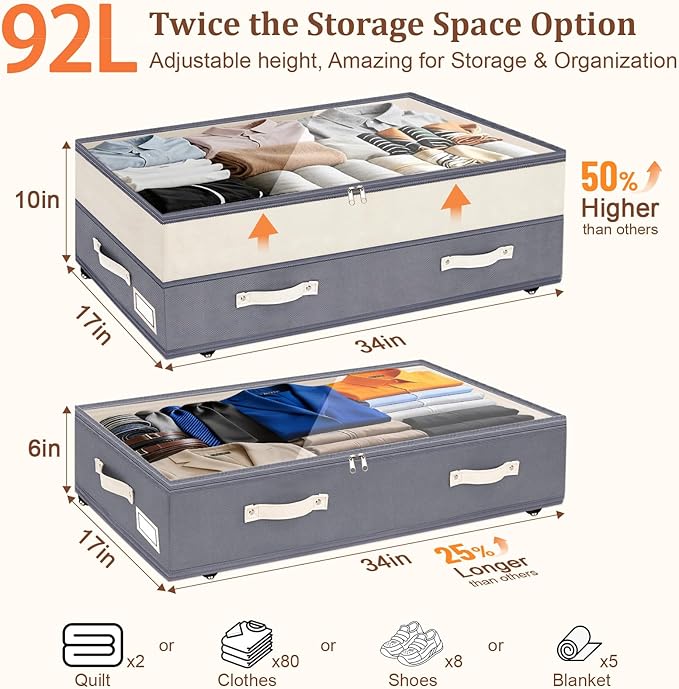Dolicer 2 Pack Under Bed Storage with Wheels, 6in-10in Height Adjustable Underbed Storage Containers, 92L XXXL Under Bed Drawers Rolling Bin with Clear Lids for Dorm Shoes Clothes Organizer(Dark Grey)