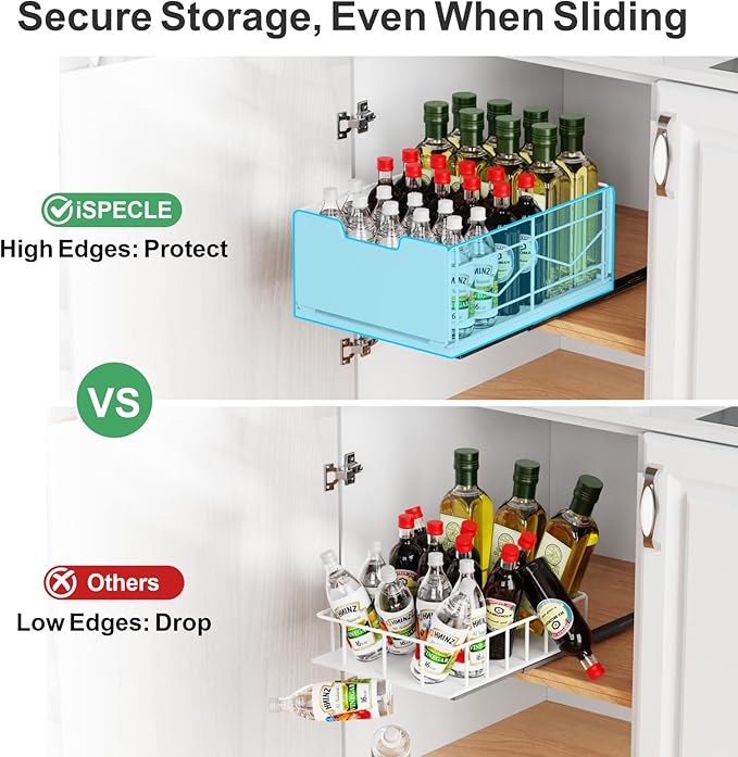 iSPECLE Pull Out Cabinet Drawer - For (12" - 36") Wide Cabinet, No Drilling Ideal for Renter, Easy Slide Out Access Items No More Digging, Large Capacity Store More for Kitchen Pantry Bathroom, 1 Pack