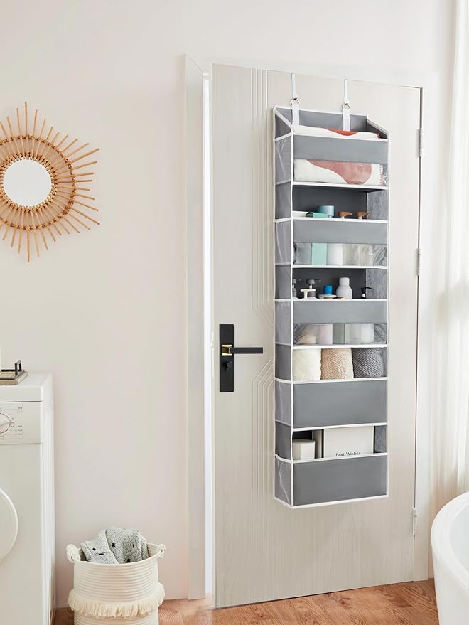 5 Tiers Over The Door Organizer Hanging - EXTRA THICK & 50lbs HUGE CAPACITY, 10 Side Mesh Pockets Over The Door Shoe Organizer, for Closet, Diaper Organizer, Bedroom, Bathroom,Nursery (Grey, 1pc)