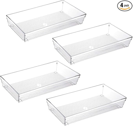 4 Pack 12"x 6" Large Size Clear Plastic Desk Drawer Organizer Tray Bathroom
