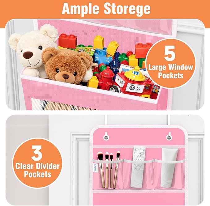 WISELIFE Over the Door Organizer - 6 Shelves Detachable Hanging Bedroom Storage Solution with 5 Large Pockets and 3 PVC Pockets for Dorm Bathroom, Pantry Nursery Baby Essentials (Pink)