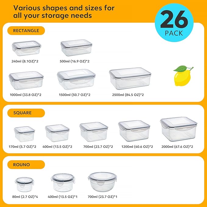 52 PCS Food Storage Containers Set with Airtight Lids (26 Lids &26 Containers)