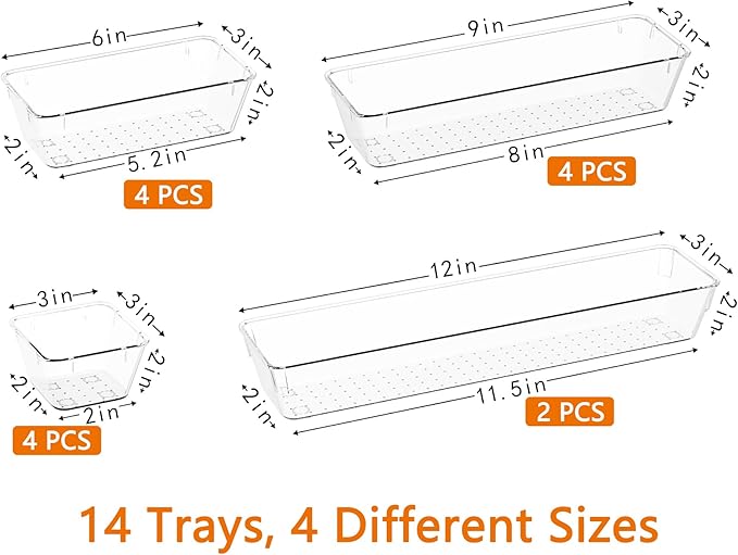 DCA 14 PCS Clear Drawer Organizer, Acrylic Makeup Organizers, Vanity Drawer Organizer Trays, Bathroom Organizers and Storage Bins Ideal Gift for Her