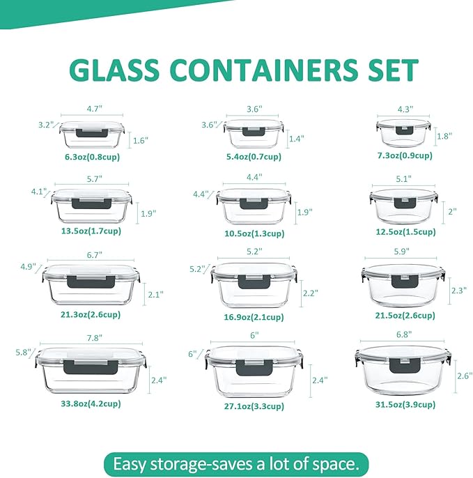 KOMUEE 24 Pieces Glass Food Storage Containers Set, Meal Prep Containers, BPA-Free Airtight Glass Storage Containers with lids,Freezer, Microwave and Oven Safe,Gray