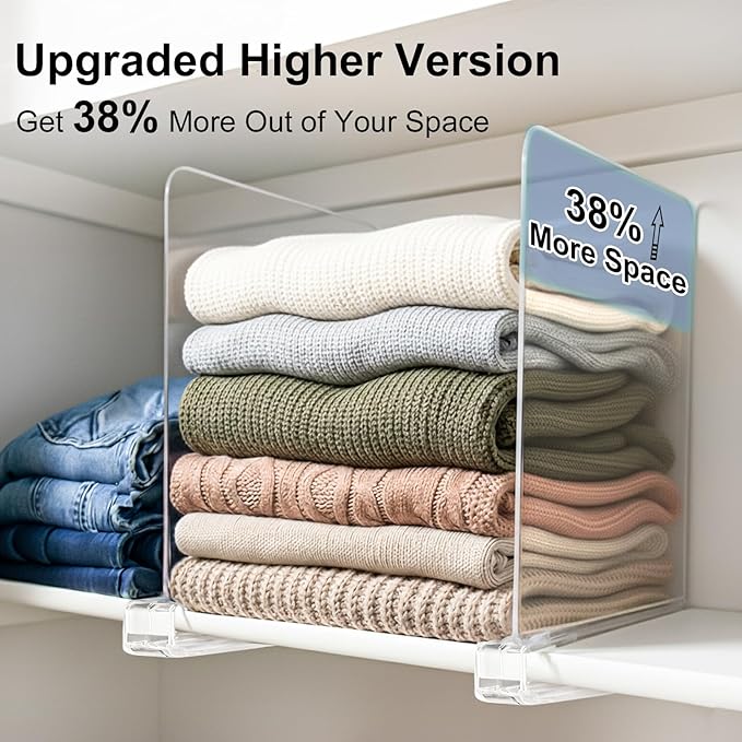 SortNStore Shelf Dividers Purse Organizer for Closet: 11-inch Tall(Extra Tall) Acrylic Sweater Organizer - Upgraded Extra Height for Large Handbags, Totes, Clothes, Towels on Wood Shelves 4-Pack