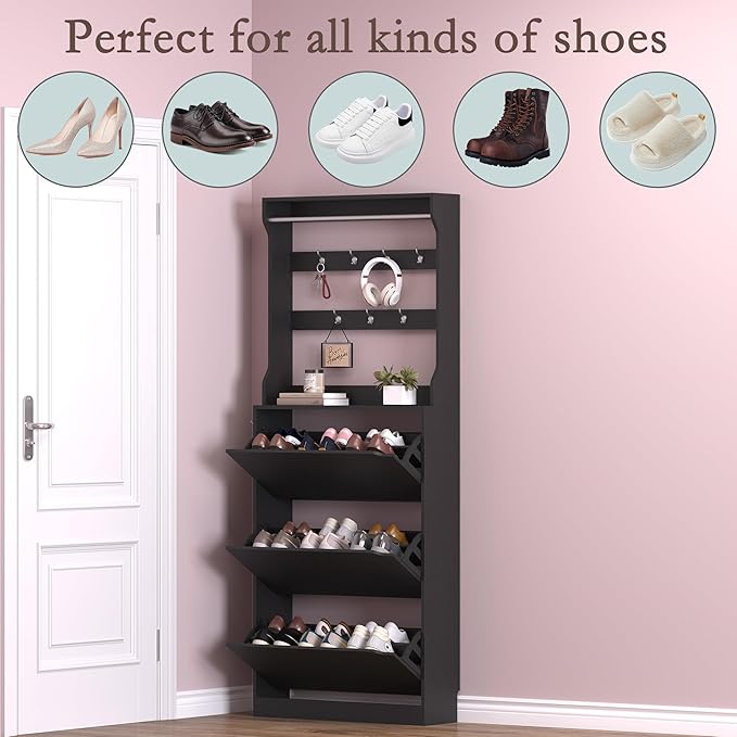 Shoe Cabinet with 3 Flip Drawers & Coat Rack, Narrow Hidden Shoe Storage Cabinet