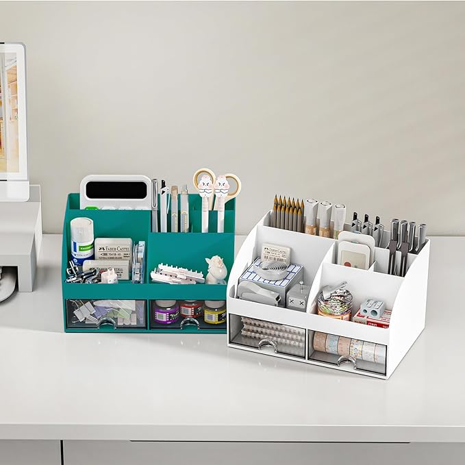 Desk Organizer with 6 Compartments and 2 Drawers, Dark Green