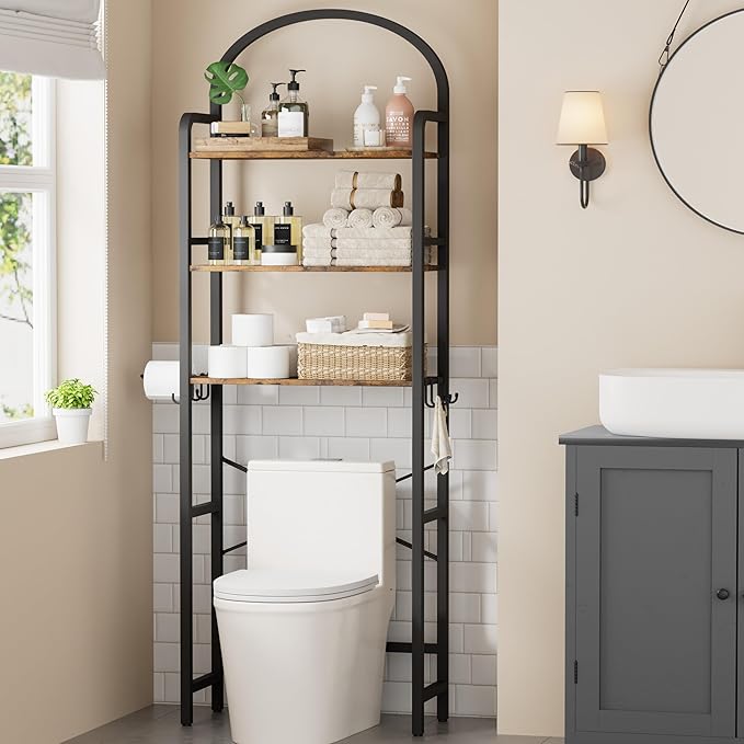 74" H Over the Toilet Storage Rack, 3-Tier Bathroom Organizer with Toilet Paper Holder & Hooks, Metal Frame with Wooden Shelves, Space Saver for Small Bathroom, Rustic Brown and Black