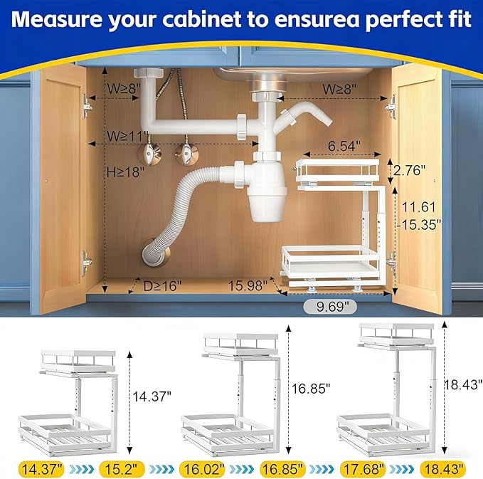 Under Sink Organizer, Dual-Rail Ball-Bearing, Under Kitchen Sink Organizer, 6-Level Adjustable, Under Cabinet Organizer, No-Drill Adhesive/Suction, Under Sink Storage (White, Double Layer - 2 Pack)