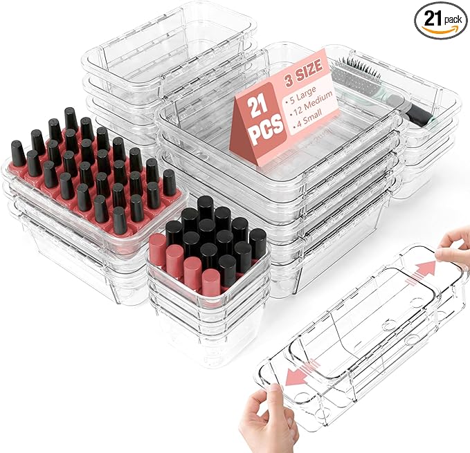 21 PCS Extendable Drawer Organizer Set, 3-Size Clear Stackable Vanity Storage Bins, BPA-Free Adjustable Non-Slip Acrylic Dressing Table Organizer Boxes for Makeup, Cosmetics, Office Supplies, Utensils