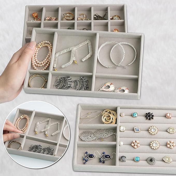 8 Set Jewelry Organizer for Drawer Velvet Jewelry Trays, Jewelry Trays for Drawers Easy To Store Your Jewelry Storage Display Tray for Earring Necklace Rings Bracelet (Grey)