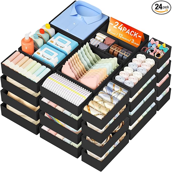 DIMJ Drawer Organizer Clothes Storage - 24 Pack Baby Dresser Organizer for Nursery Closet Organization, Fabric Drawer Organizer Bins for Underwears Socks Bras, Foldable Storage Dividers for Bedroom