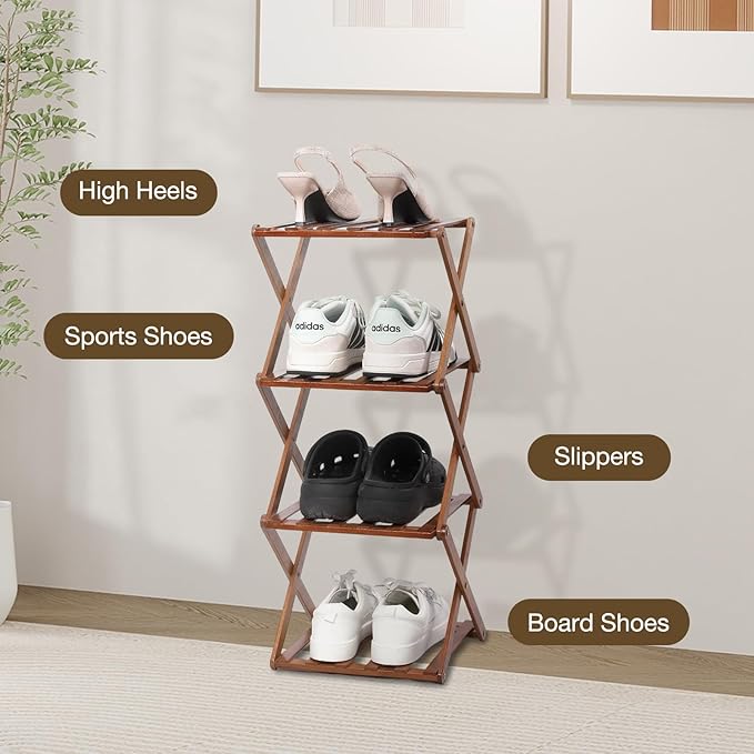 Bamboo Shoe Rack 4 Tier Foldable Shoe Rack Vertical Bamboo Shoe Organizer Free Standing Shelf for Entryway, Closet, Bedroom, Walnut Color
